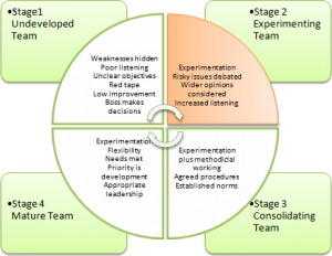 Teams go through stages of development. The Forming Storming Norming Performing theory is an elegant and helpful explanation of team development and behaviour.