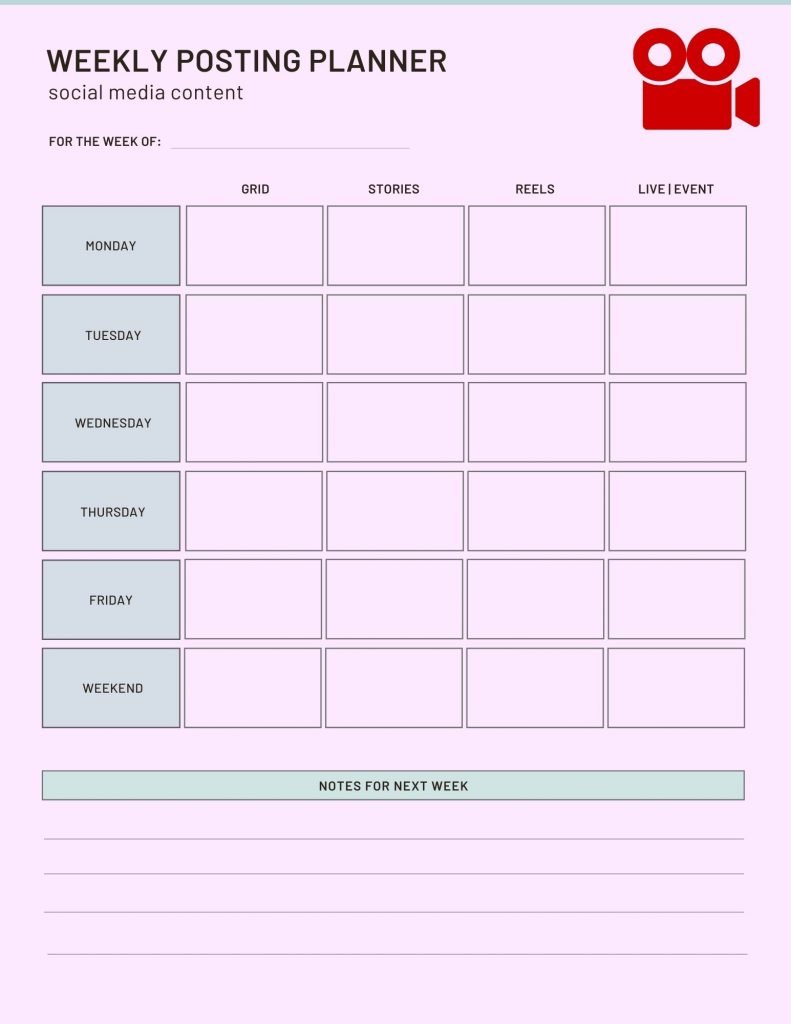 Weekly posting planner for social media content.
