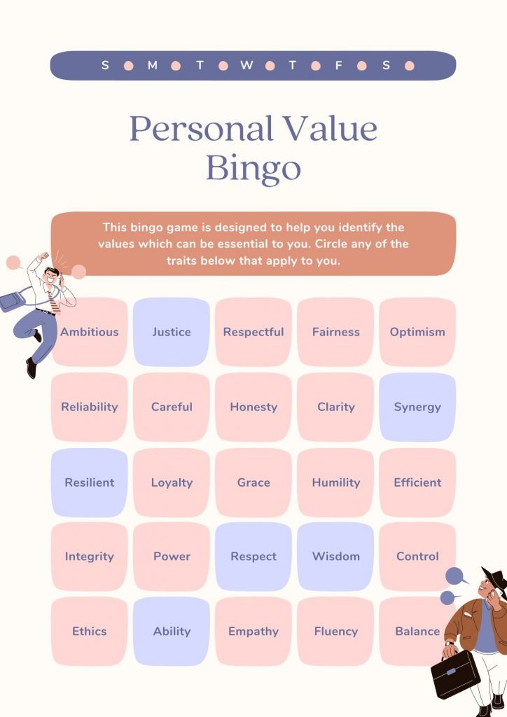 Ppersonal value bingo to help you identify essential values.