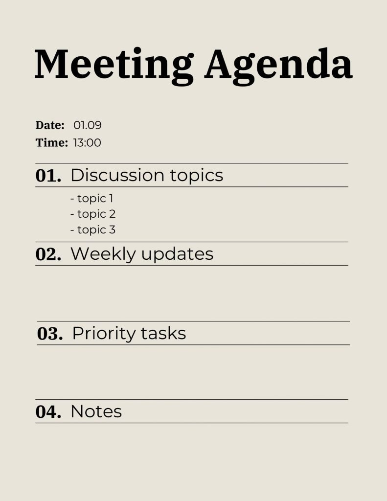 Use this project meeting agenda plananer to schedule your weekly meetings.