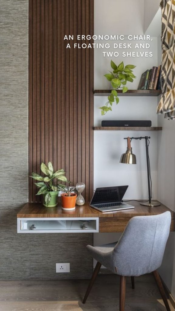 An ergonomic chair, a floating desk and two shelves.